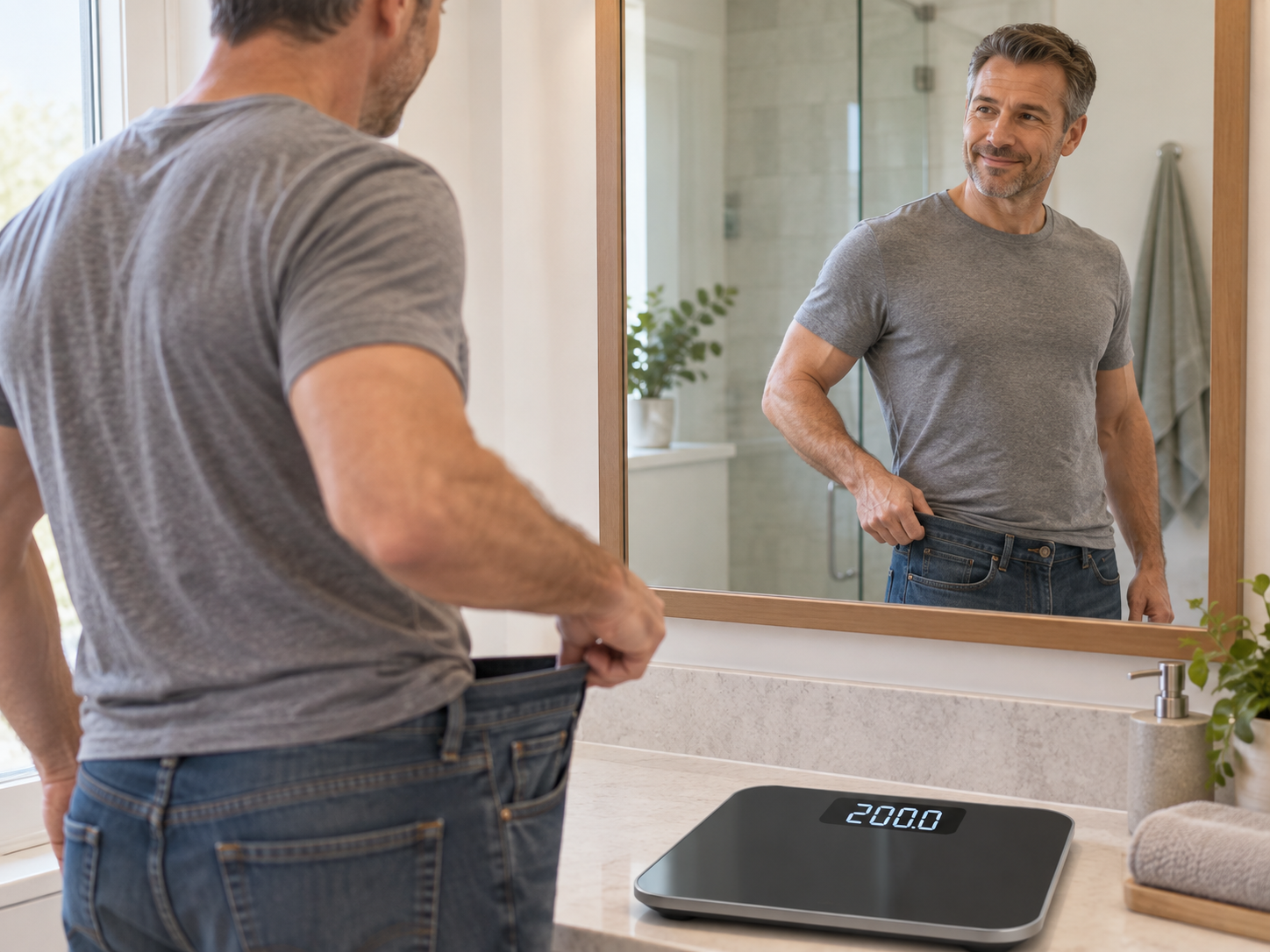 Everyday person looking at a bathroom scale with a tape measure and folded gym clothes nearby