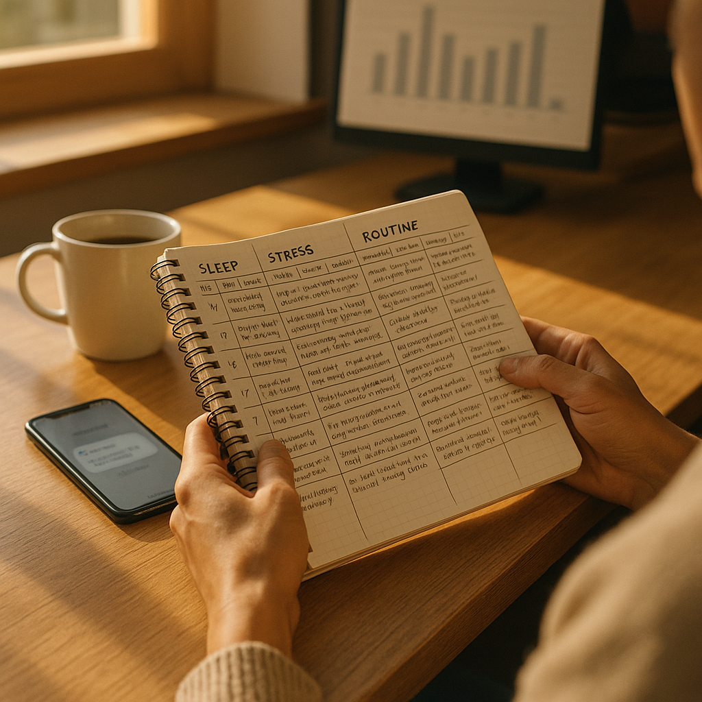 Photographic scene of someone reviewing mood notes in context.
