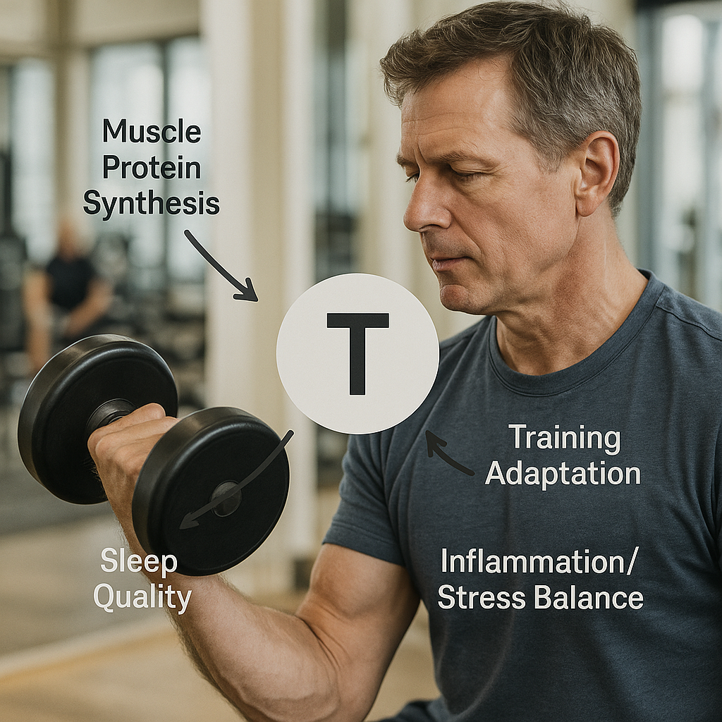 A research-style diagram showing testosterone-related pathways affecting muscle recovery.