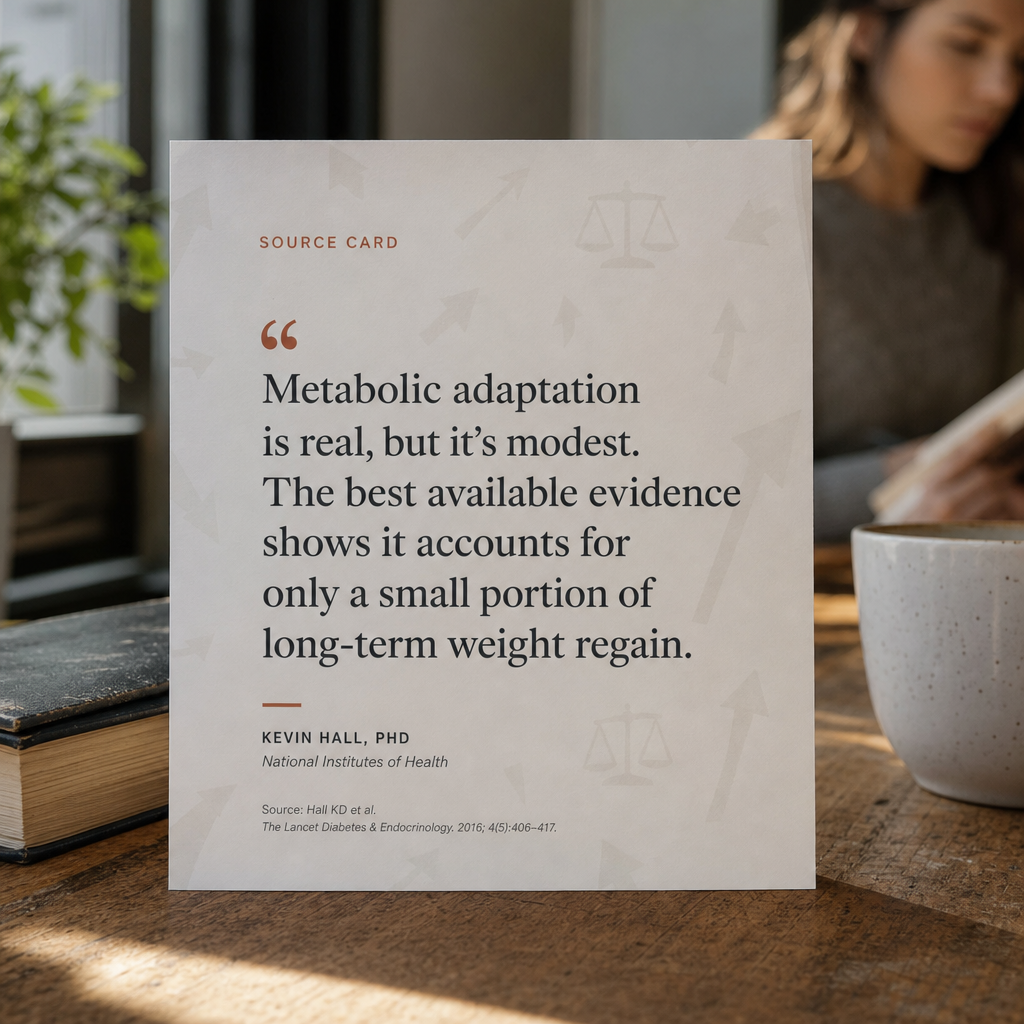 Quote card with a succinct evidence-based statement about metabolism and fat loss.